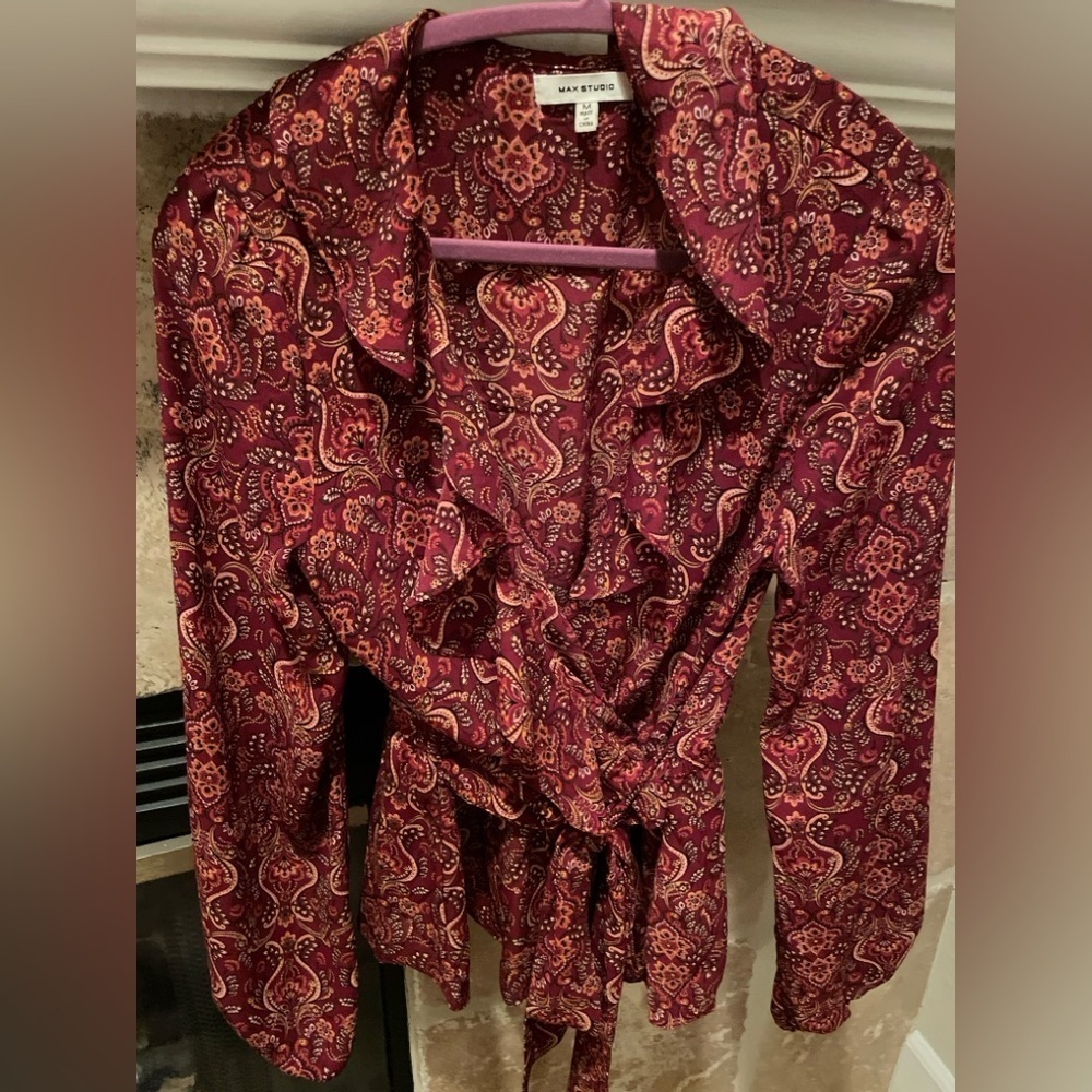 Max Studio Womens Long Sleeve Ruffle front Wrap Blouse Paisley Burgundy Gold M